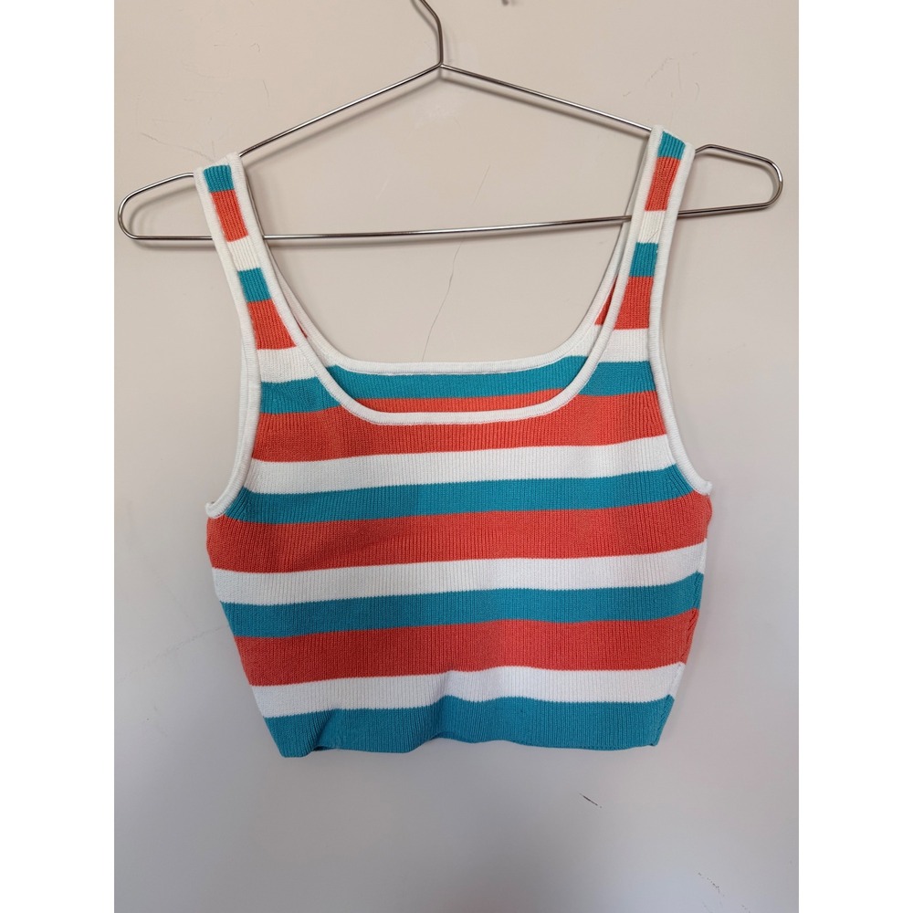 Babaton Sculpt Knit Striped Crop Top Square Neck Tank Coral Teal White Sz Small - Picture 2 of 6